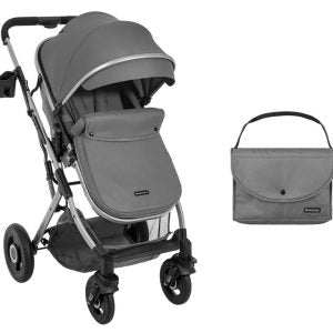 Carrinho de passeio Kikkaboo Scarlett 2 em 1 cinzento, com assento, capota e bolsa de maternidade a condizer, em fundo branco.