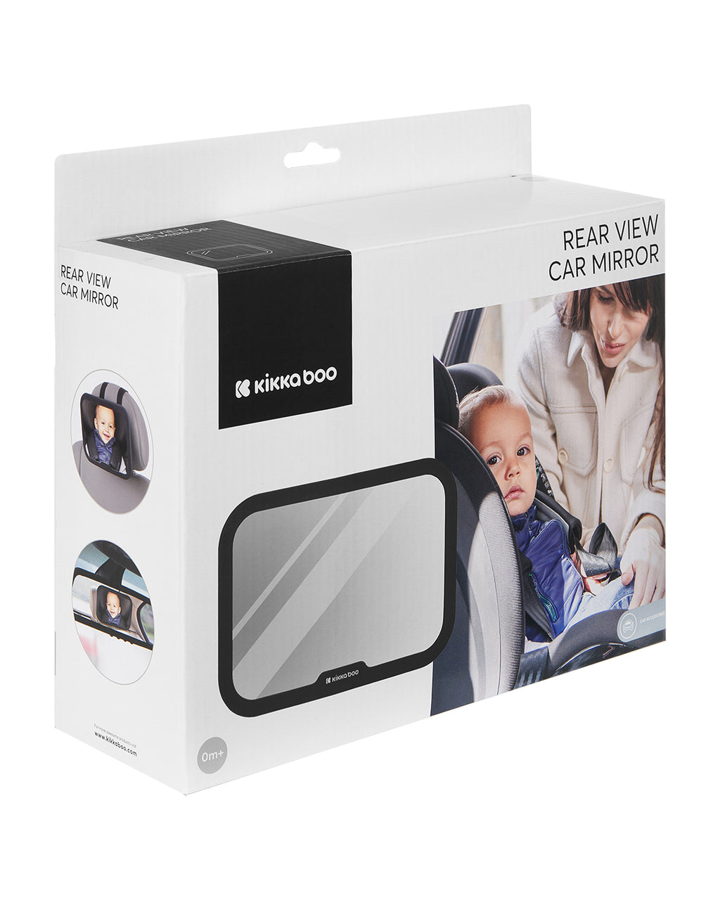 Embalagem do Espelho Retrovisor Kikkaboo, mostrando o espelho montado no carro com um bebé a olhar para ele e uma mãe a observar.