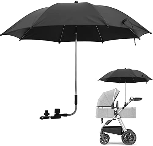 Guarda-sol Kikkaboo para carrinho, mostrando o braço ajustável e a fixação num carrinho. Proteção UV e chuva para bebés.