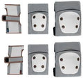 Conjunto completo de 6 proteções Kikkaboo em cinzento e branco, incluindo 2 protetores de pulso, 2 cotoveleiras e 2 joelheiras, com almofadas de impacto brancas.