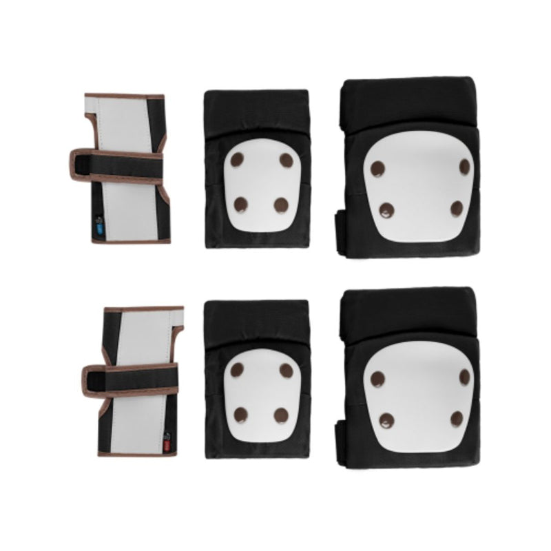 Conjunto completo de 6 proteções Kikkaboo em preto e branco, incluindo 2 protetores de pulso, 2 cotoveleiras e 2 joelheiras, com almofadas de impacto brancas.