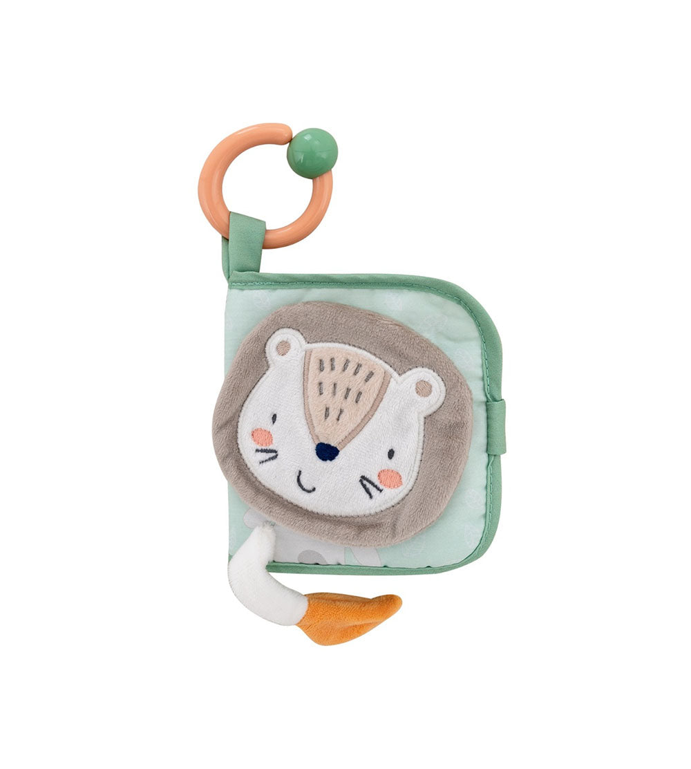 Livro sensorial Kikkaboo com leão, ideal para bebés a partir de 0 meses. Possui texturas, sons e elementos 3D para estimular os sentidos.