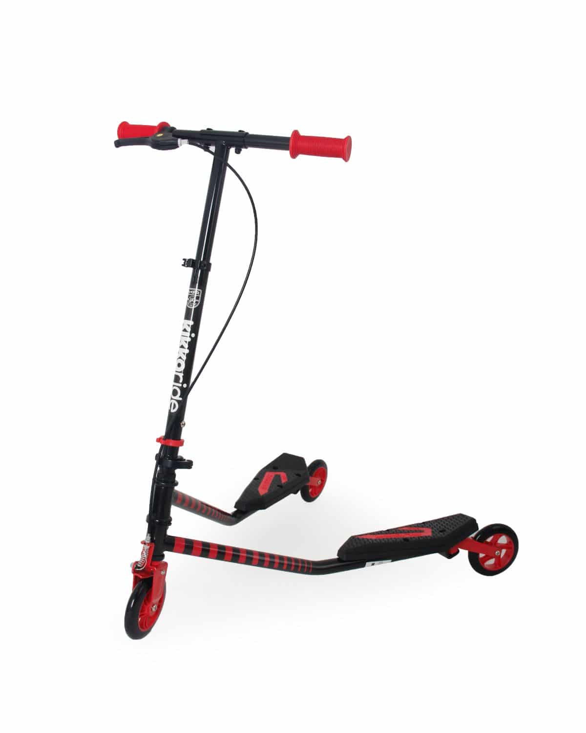 Scooter tipo tesoura KikkaBoo vermelha e preta, com guiador ajustável e plataforma dupla para movimento de balanço.