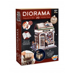 Caixa do Kit Diorama Buki "Book Store" com 148 peças, indicando montagem 3D e iluminação LED.