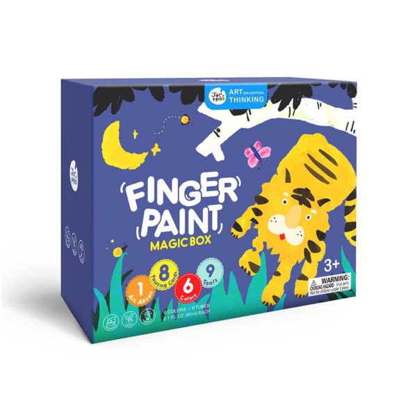 Caixa de pintura a dedo Jarmelo Magic Box, azul escura, com ilustração de um tigre e indicação de 3+ anos.