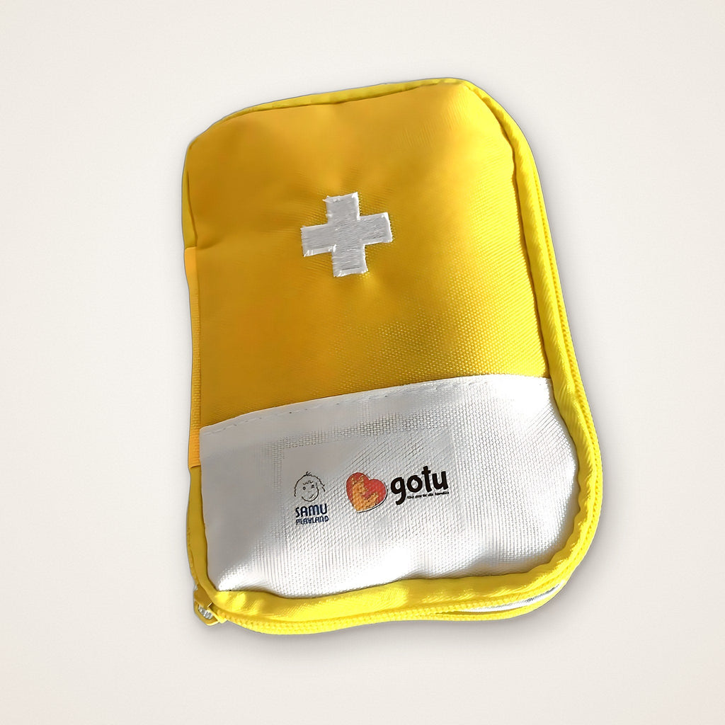 Kit de primeiros socorros Gotu amarelo, bolsa de tecido com fecho e cruz branca bordada na frente