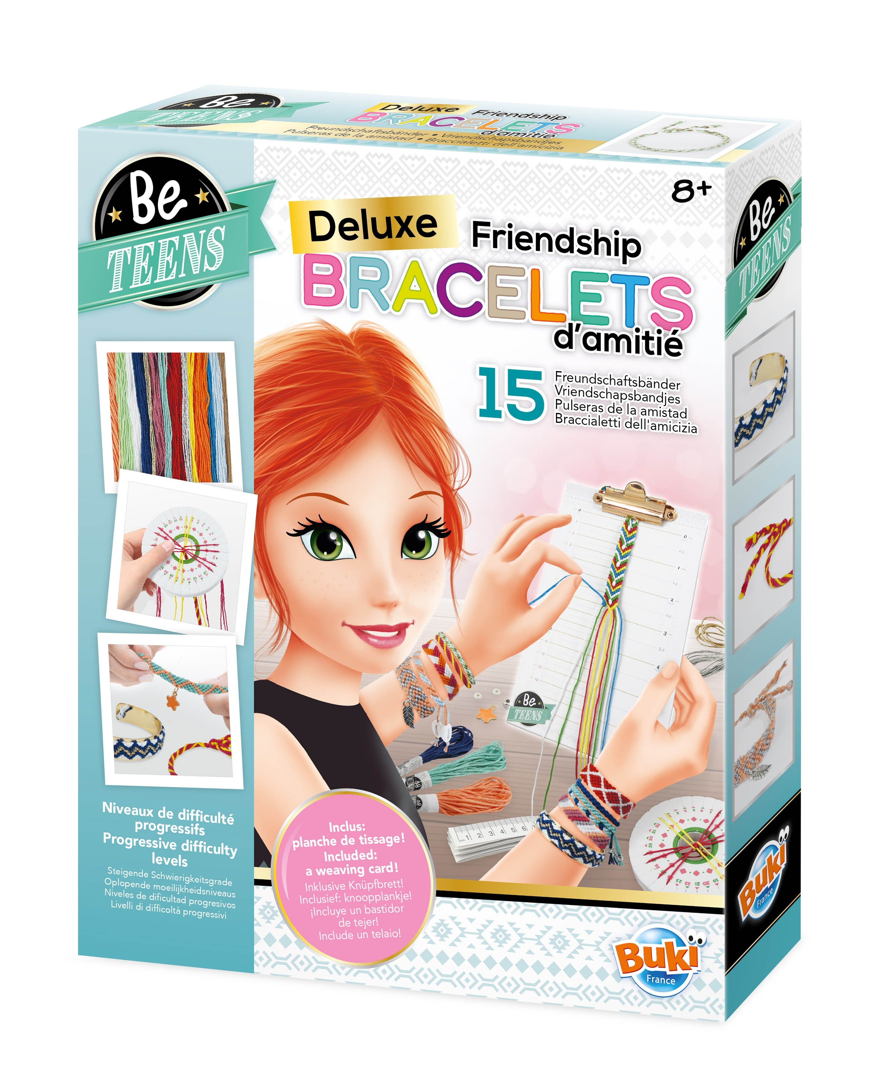 Caixa do kit criativo 'Deluxe Friendship Bracelets' da Buki, mostrando uma rapariga a tecer uma pulseira com a roda de espuma e os fios coloridos disponíveis. Idade indicada: 8+.