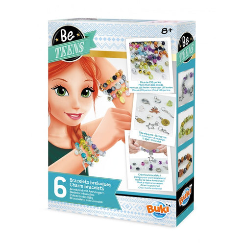 Caixa do kit de pulseiras Buki Be Teens com ilustração de uma rapariga a usar as pulseiras e a lista de conteúdos em vários idiomas. Indica 6 pulseiras e idade 8+.