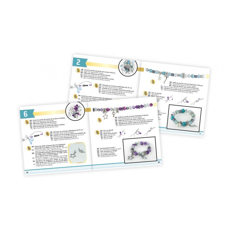Instruções de montagem passo a passo para as pulseiras, mostrando diagramas e texto em vários idiomas.