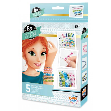 Caixa do kit de criação de pulseiras "Be Teens" da Buki, mostrando a ilustração de uma jovem com pulseiras e exemplos dos trabalhos concluídos. Idade recomendada 8+.
