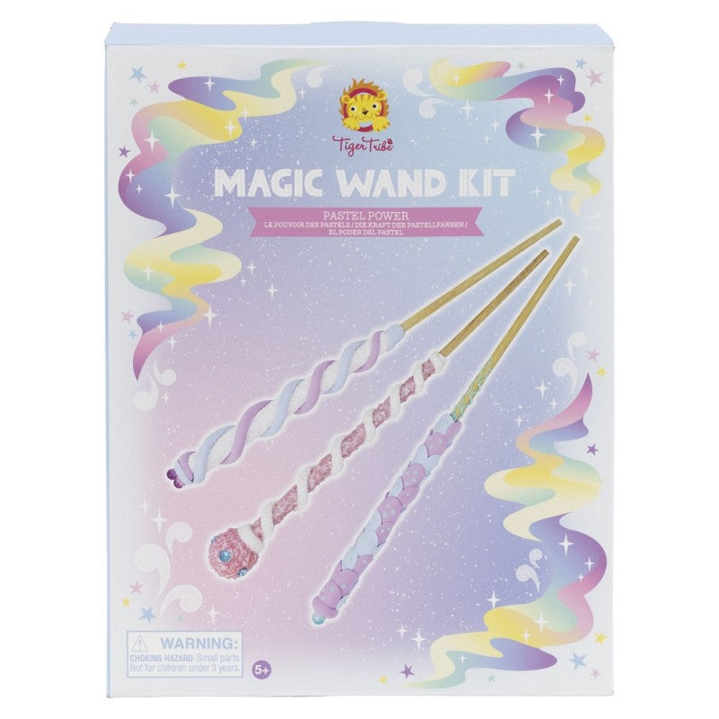 Caixa do Kit Varinhas Mágicas Tiger Tribe com três varinhas de pastel prontas a serem decoradas, mostrando o conteúdo e a idade recomendada (5+).