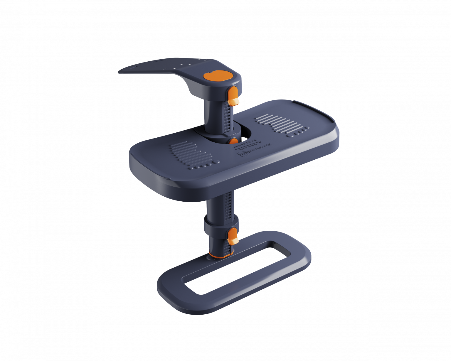 Vista detalhada do apoio para pés KneeGuard 4, destacando a plataforma antiderrapante e os mecanismos de ajuste em laranja.