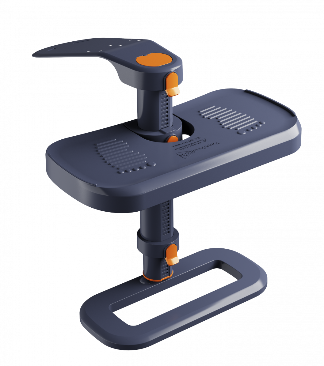 Apoio para pés KneeGuard 4 cinza escuro e laranja, ajustável em altura, visto em ângulo isométrico sobre fundo preto.
