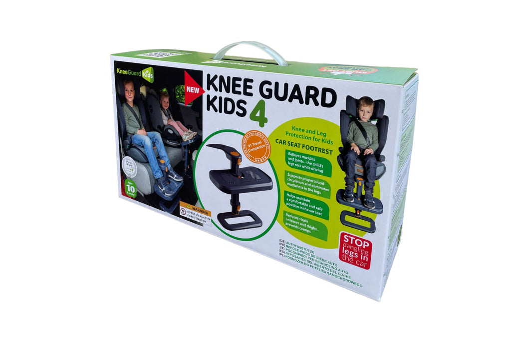 Embalagem do produto KneeGuard Kids 4, mostrando o apoio para os pés preto e laranja em uso e destacando os benefícios para o conforto e circulação das pernas.