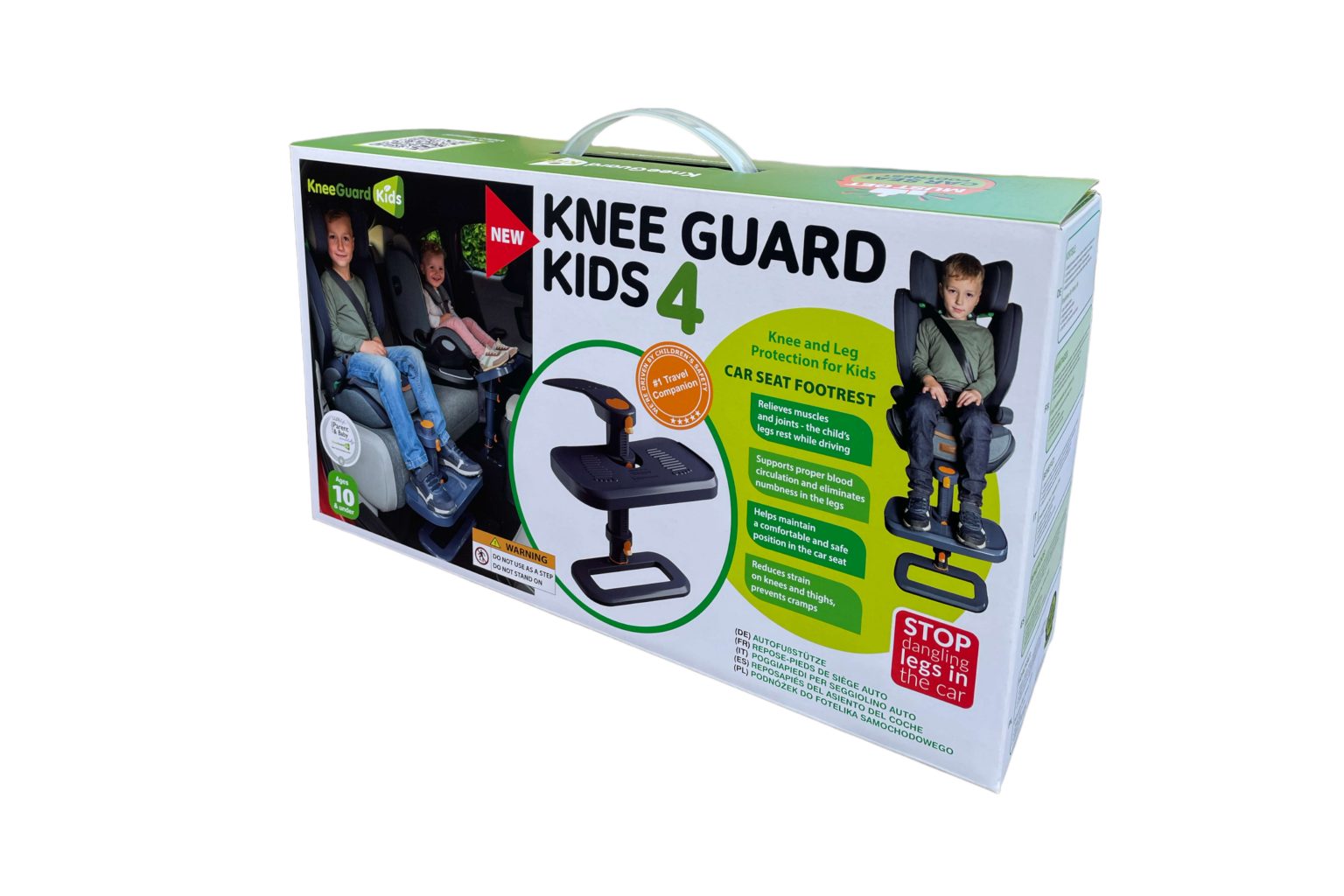 Embalagem do produto KneeGuard Kids 4, mostrando o apoio para os pés preto e laranja em uso e destacando os benefícios para o conforto e circulação das pernas.