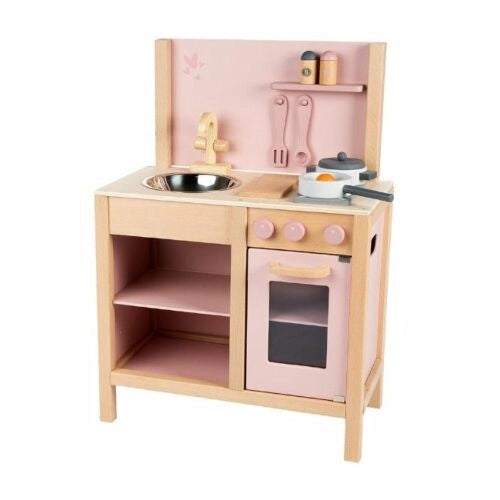 Cozinha de brincar em madeira Label Label Cozinha Pink com lavatório, fogão e forno.