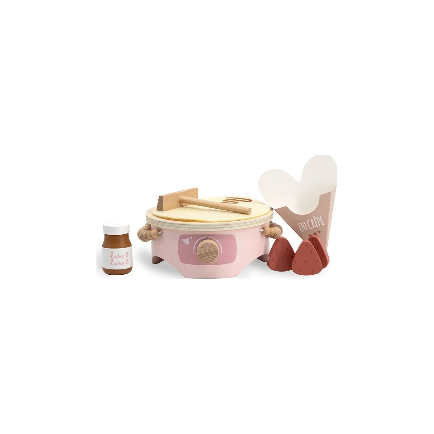 Brinquedo de madeira Label Label Crepeira Pink com base, acessórios e morangos.