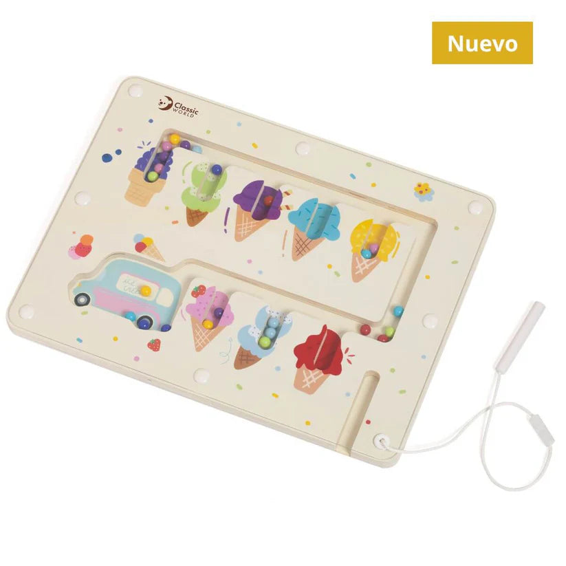 Tabuleiro do Labirinto Magnético Gelados com bolas coloridas a serem movidas para os cones de gelado, demonstrando a atividade lúdica e educativa.