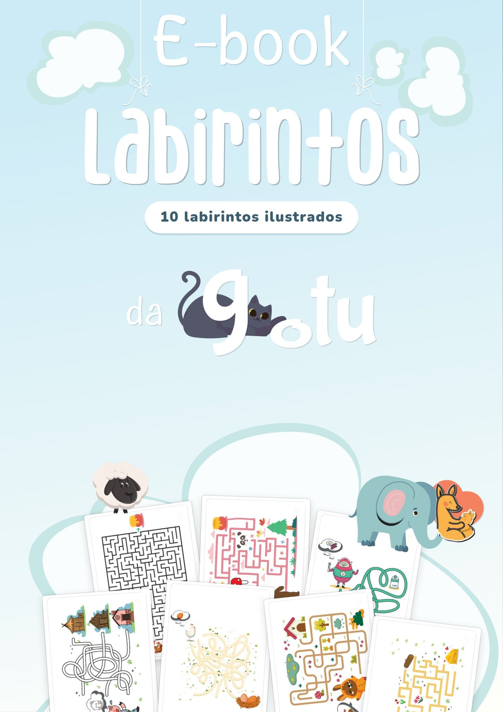 Capa do e-book grátis Labirintos da Gotu, com dez labirintos ilustrados sobre uma nuvem