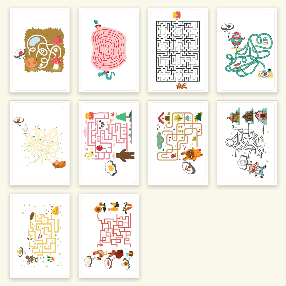 Os dez labirintos ilustrados do PDF grátis da Gotu, com caminhos largos, fios cruzados e uma grelha apertada