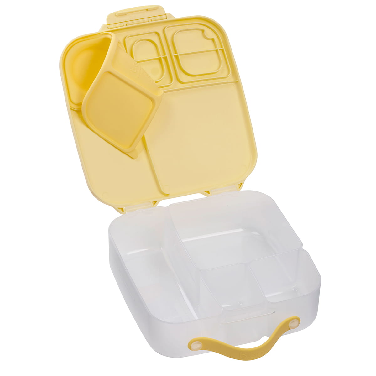 Lancheira b.box amarela aberta, focando na tampa com as áreas seladas e a secção do bloco de gelo dobrável.