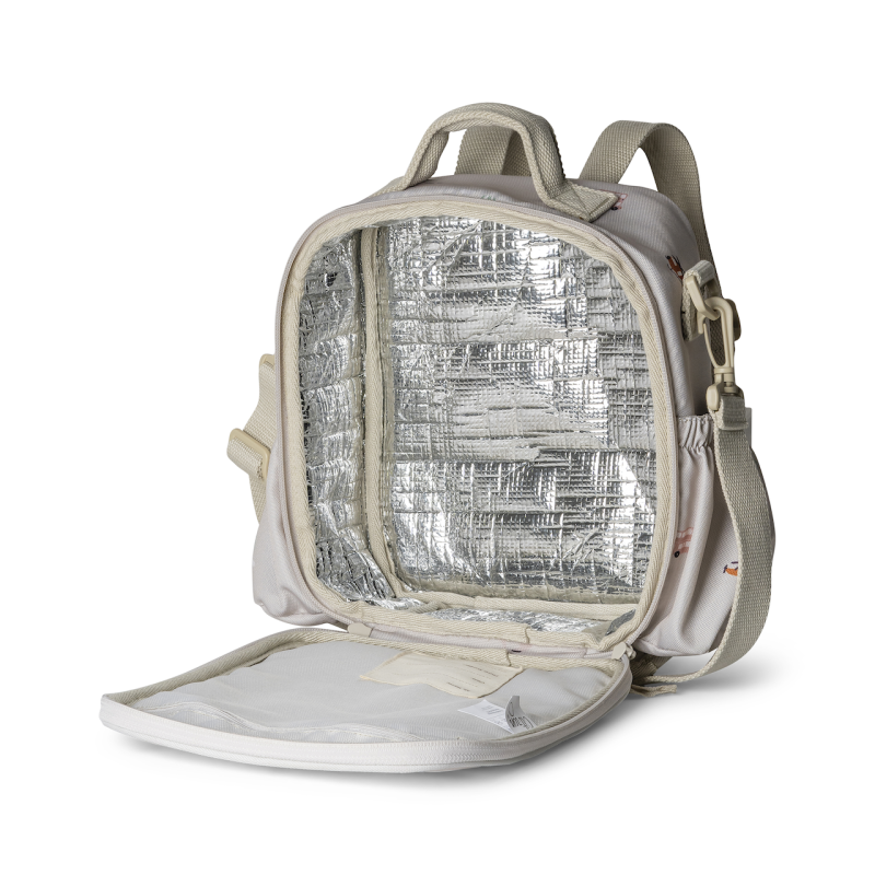 Lancheira aberta, com a tampa virada para baixo, exibindo o forro térmico prateado no compartimento principal.