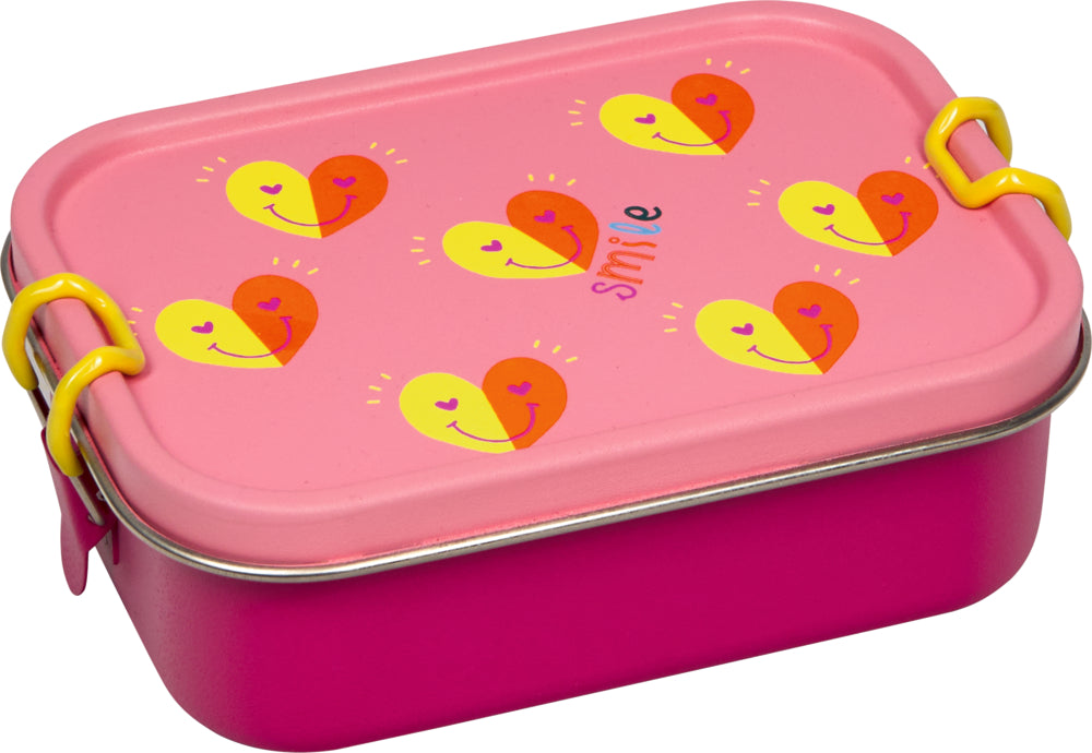 Lancheira rosa Die Spiegelburg com padrão de corações sorridentes e fechos amarelos.