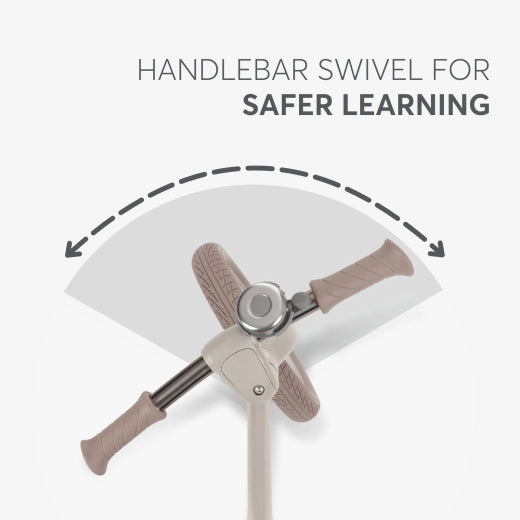 Detalhe do guiador da bicicleta Lancer a demonstrar a rotação limitada para uma aprendizagem mais segura.