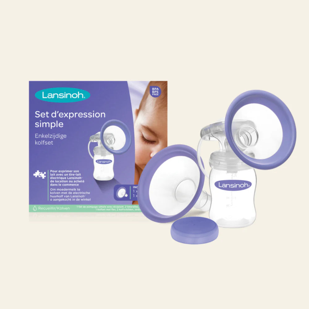 Conjunto Lansinoh de expressão simples (peças de substituição) com embalagem, protetores mamários e garrafa. BPA/BPS Free.