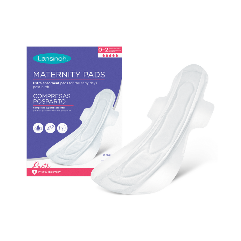 Lansinoh Pensos Pós Parto tamanho M, embalagem com 12 unidades e detalhe do penso. Absorção extra e conforto suave para o pós-parto.