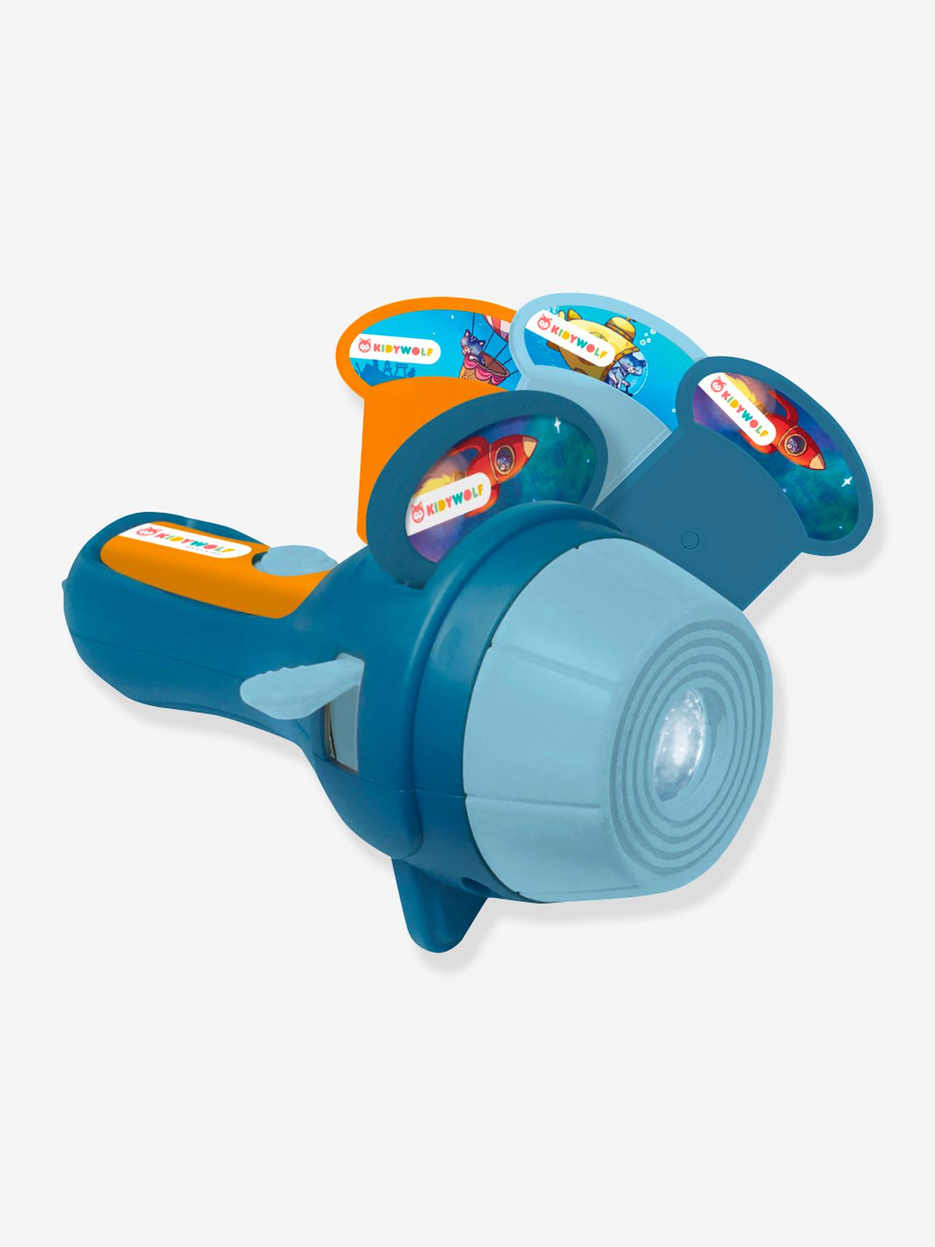 KidyWolf Lanterna Projector slides de historias Azul, mostrando a lanterna com três discos de slides encaixados, um azul, um laranja e um amarelo, com ilustrações visíveis.