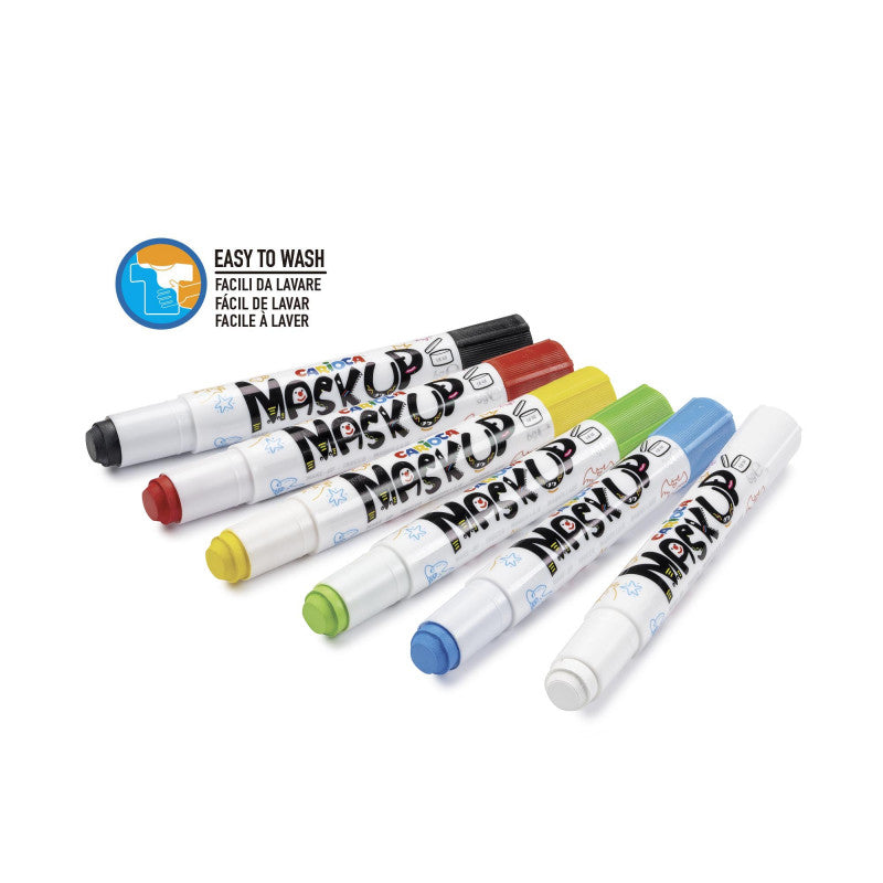 Seis lápis de pintura facial Carioca Mask Up em várias cores, exibindo o formato stick e a indicação "Easy to Wash" (Fácil de Lavar).
