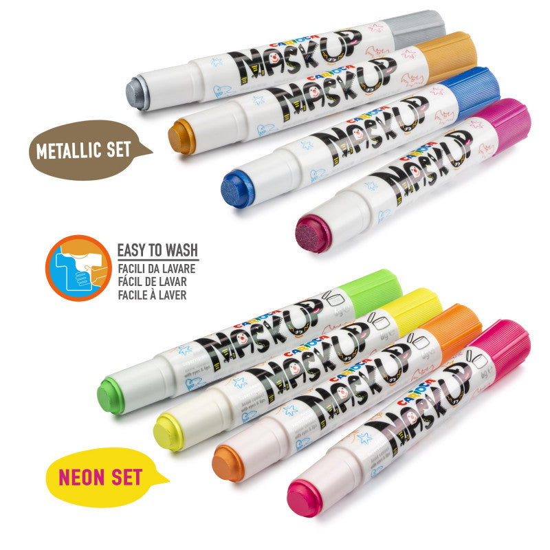 Lápis de pintura facial Carioca Mask Up, separados em Metallic Set e Neon Set, com destaque para a facilidade de lavagem.