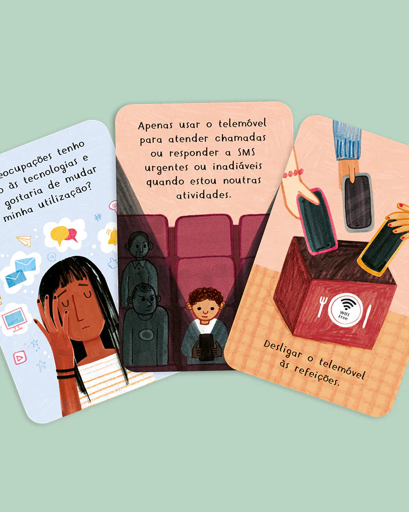 Três cartas do jogo "The Happy Gang - Larga o Telemóvel" com ilustrações sobre o uso do telemóvel, incluindo desligar à refeição e usar apenas para chamadas urgentes.