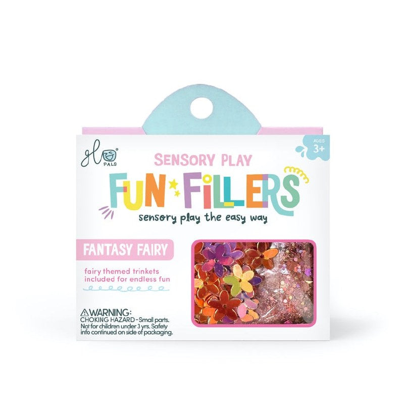 Embalagem das Recargas GloPals Fun Fillers "Fantasy Fairy", com flores e brilhos coloridos de tema de fadas.