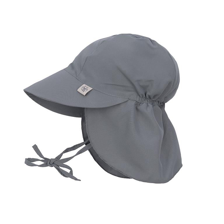 Chapéu solar Lassig cinzento com aba e proteção UV para bebé 3-6 meses, vista frontal.