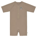 Fato de banho infantil Lassig, cor castanha/taupe, manga curta, com fecho frontal e estampa "Boho Beach" de palmeira.