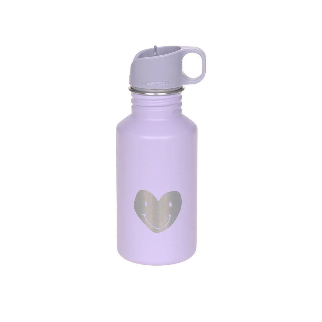 Garrafa de aço inox Lassig Heart Lilac de 500ml com design ergonómico e tampa desportiva.