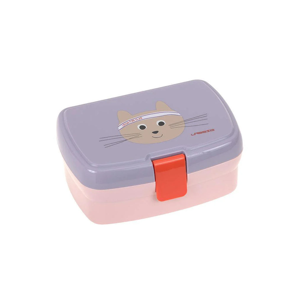 Lancheira Lässig Tiny Team Cat em tons de rosa e lilás com design de gato para crianças.