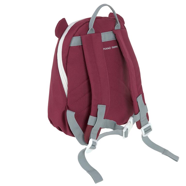 Vista traseira da mochila infantil Lassig cor bordeaux, mostrando alças ajustáveis cinzentas e alça peitoral, com inscrição "Friends Forever".