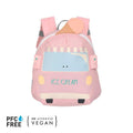 Mochila infantil Lassig mini Ice Cream cor-de-rosa com cone de gelado 3D no topo e selos PFC Free e PETA Approved Vegan.