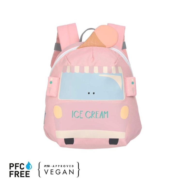 Mochila infantil Lassig mini Ice Cream cor-de-rosa com cone de gelado 3D no topo e selos PFC Free e PETA Approved Vegan.