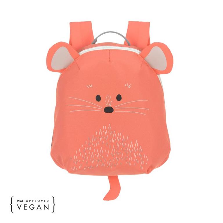 Mochila infantil Lassig About Friends em coral, com design de rato 3D, alças ajustáveis e selo PETA-Approved Vegan.