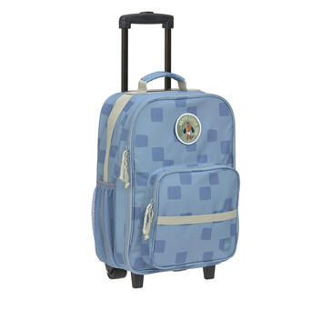 Mochila trolley Lassig azul claro com padrão de quadrados, puxador preto e emblema circular de animal na parte frontal.