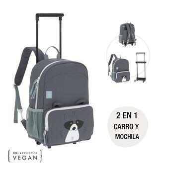 Mochila trolley Lassig cinzenta com tema de guaxinim, mostrando a funcionalidade 2 em 1 (trolley e mochila) e selo vegan.
