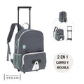 Mochila trolley Lassig cinzenta com tema de guaxinim, mostrando a funcionalidade 2 em 1 (trolley e mochila) e selo vegan.