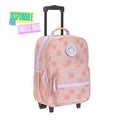 Mochila trolley infantil Lassig rosa com padrão de quadrados, alça extensível preta e rodas. Disponível para finais de Julho.