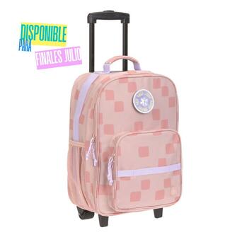 Mochila trolley infantil Lassig rosa com padrão de quadrados, alça extensível preta e rodas. Disponível para finais de Julho.