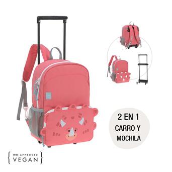 Mochila trolley infantil Lassig cor-de-rosa com tema de rinoceronte, destacando o design frontal e a conversão para trolley/mochila.