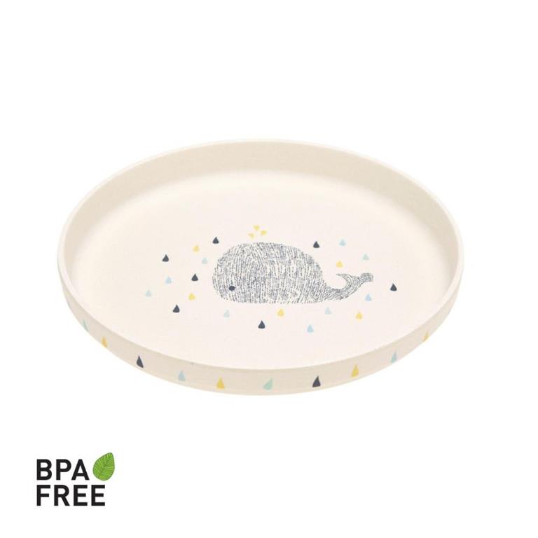 Prato infantil Lassig bege com desenho de baleia cinzenta e gotas coloridas, com selo BPA Free.